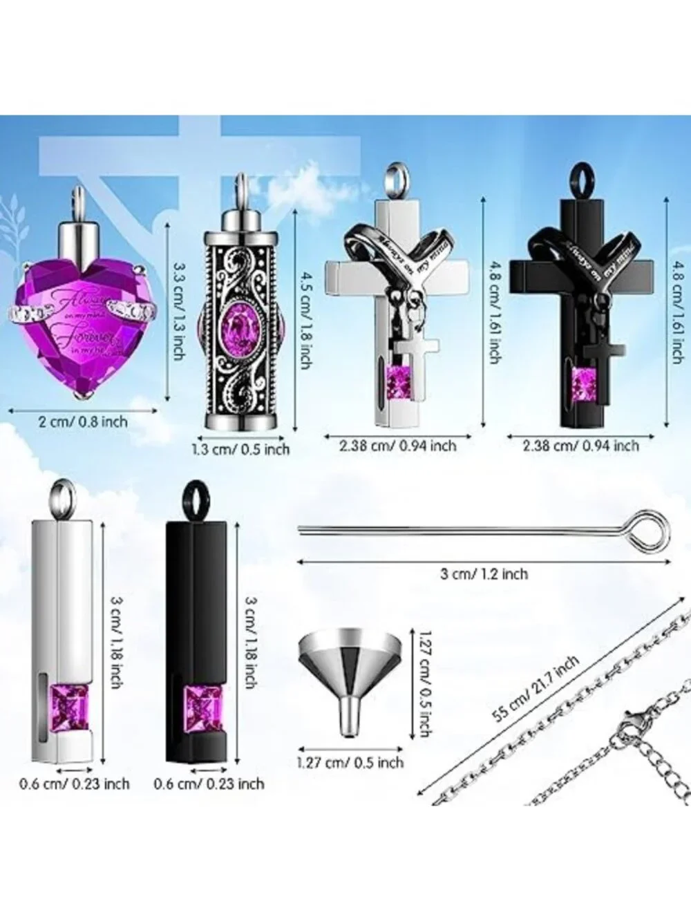 12 Pcs Cremation Urn Necklace Set - Stainless Steel Heart & Cross Lockets for